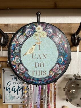 I Can Do This Round Wall Hanging - Teal Floral Motif 8” Tambourine